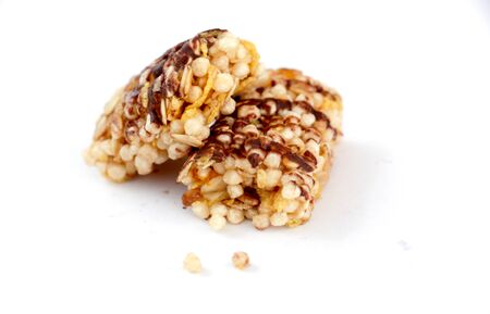 Healthy cereal bars isolated on white backgroundの写真素材
