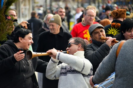 OHRID, MACEDONIA - JANUARY 19, 2017: Musicians playing zurna instrument during the celebration of Epiphany day in Ohrid, Macedonia,imageのeditorial素材