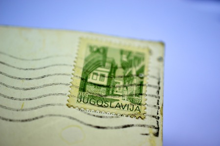 RESEN, MACEDONIA - November 10, 2018: Vintage postage stamp on a postcard from Ohrid.Macedonia. year 1975.のeditorial素材