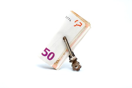 fifty euro banknote on clip, white background image of a