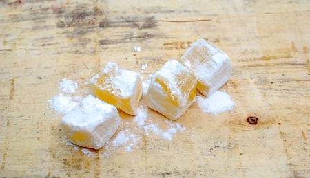 rahat lokum on wood background, sweet foodの写真素材