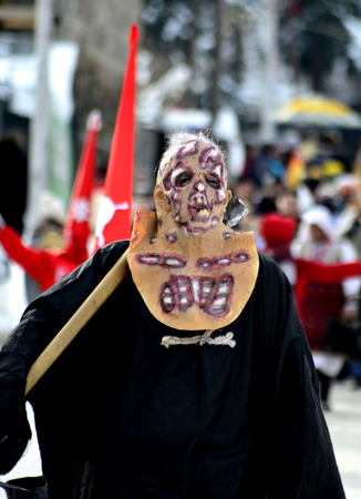 VEVCANI, MACEDONIA - 13 JANUARY , 2019: General atomosphere with dressed up participants at an annual Vevcani Carnival, in southwestern Macedonia,imageのeditorial素材