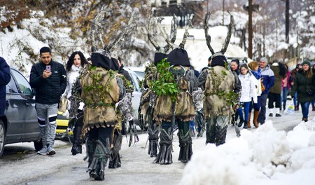 VEVCANI, MACEDONIA - 13 JANUARY , 2019: General atomosphere with dressed up participants at an annual Vevcani Carnival, in southwestern Macedonia,imageのeditorial素材