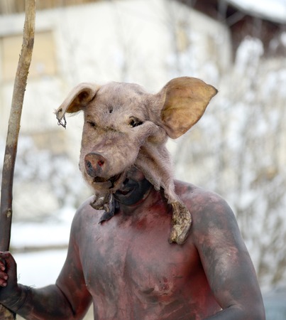 VEVCANI, MACEDONIA - 13 JANUARY , 2019: General atomosphere with dressed up participants at an annual Vevcani Carnival, in southwestern Macedonia,imageのeditorial素材