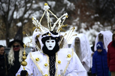 VEVCANI, MACEDONIA - 13 JANUARY , 2019: General atomosphere with dressed up participants at an annual Vevcani Carnival, in southwestern Macedonia,imageのeditorial素材