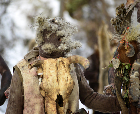 VEVCANI, MACEDONIA - 13 JANUARY , 2019: General atomosphere with dressed up participants at an annual Vevcani Carnival, in southwestern Macedonia,imageのeditorial素材