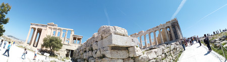 Athens, Greece - May 5, 2019: Panoramic image view of a greek landmark on the Acropolis of Athens, Greece.のeditorial素材