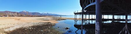 panoramic image of a lake prespa in macedonia.の写真素材