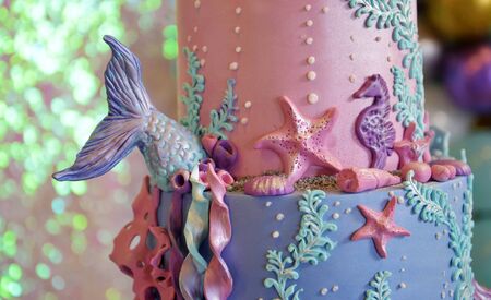 baby girl genuine birthday cake, sea life themeの写真素材