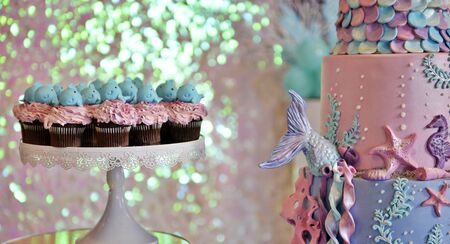 baby girl genuine birthday cake, sea life themeの写真素材