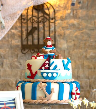 baby ooy birthday cake ,sailing conceptの写真素材