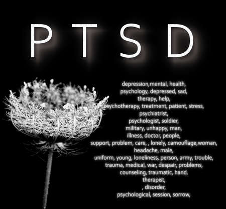 text ptsd and keywords on a black and white picture of a wild herb.の写真素材