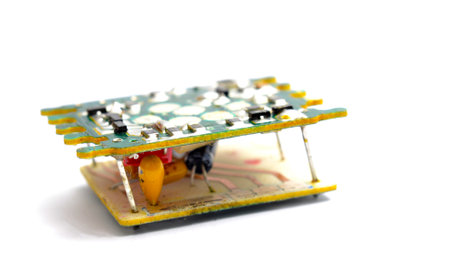 Cracked disassembled broken small vintage electronic device on white. close up.の写真素材