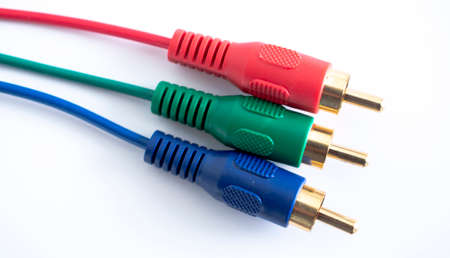 audio-video analog cable on white background, red ,green ,blue color concept image