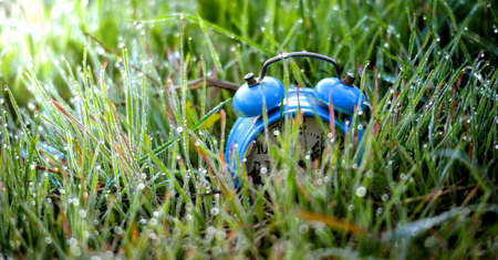 Classic alarm clock on wet and frosty morning grass imageの写真素材