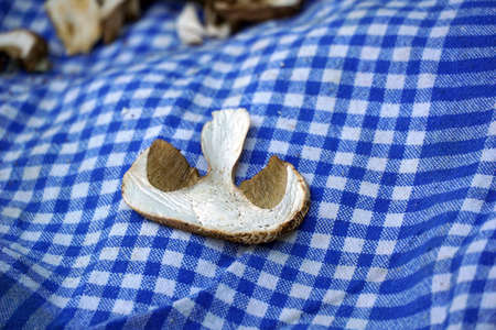 dried mushrooms on the cloth napkin . Mushrooms are peeled and cut into pieces