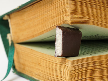 Chocolate Protein bar filled with coconut fill,between pages of an old book, education and vitality conceptの写真素材