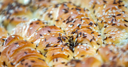 Close-up of a croissant with sesame seeds.の写真素材