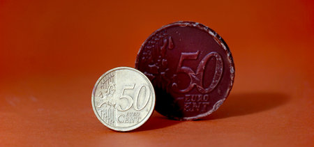 Chocolate coin. sweet euro money .finance and sweet food theme.の写真素材