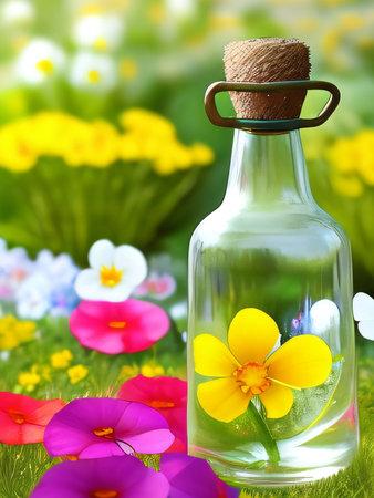Glass bottle with spring flowers on green grass and flowers in background.の素材