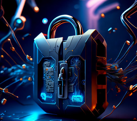 Cyber security concept with padlock on blue background. 3d renderingの素材