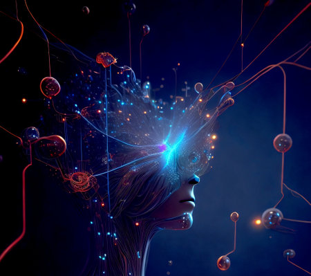 3d rendering of a female face with brain and neurons in the backgroundの素材
