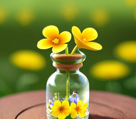 Flowers in a glass jar on a wooden table in the parkの素材