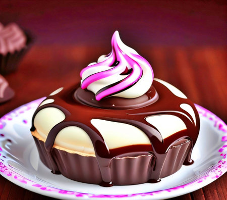 Chocolate cupcake with cream on a plate on a wooden tableの素材