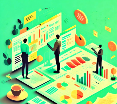 Flat isometric illustration of business people working in the office.の素材