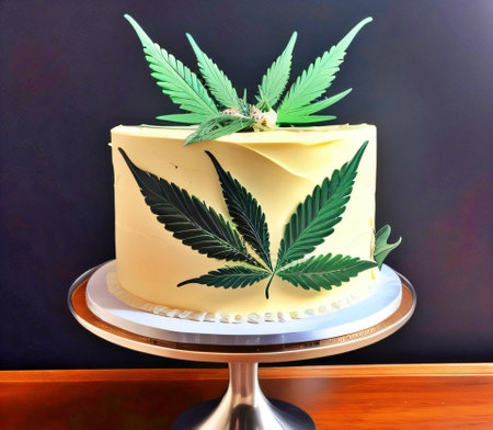 Cannabis cake with cannabis leaves on top, close-upの素材