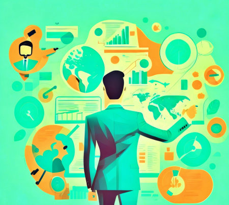 Conceptual illustration of business people with graphs, charts and diagrams.の素材