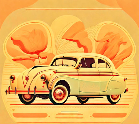 Vintage background with a retro car and tulip flowers. Vector illustration.の素材