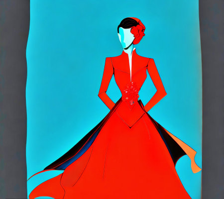3D illustration of a beautiful woman in a red dress with a bouquet of flowersの素材