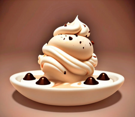 Ice cream with chocolate balls on a white plate. 3d renderingの素材