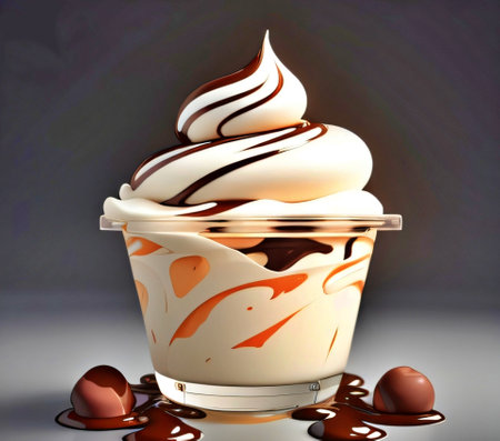 Cup of ice cream with chocolate on gray background. 3d renderの素材