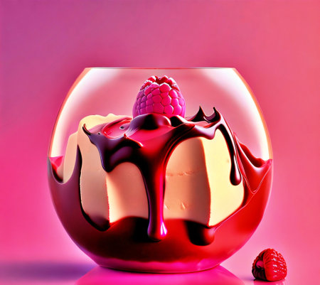 Chocolate dessert with raspberries in a glass bowl on a pink backgroundの素材