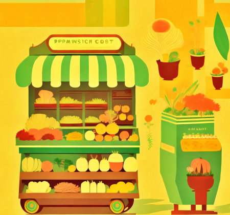 vegetables and flowers shopping carts on the street, illustration.created with Generative AI technologyの素材