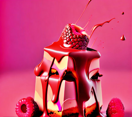 Piece of cake with raspberries and chocolate splash on pink backgroundの素材