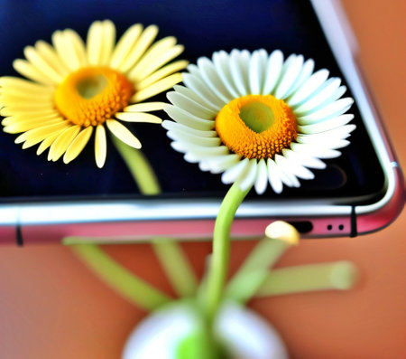 Smartphone and daisies on the table, close-upの素材