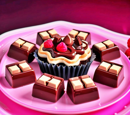 Cupcake with chocolate and raspberries on a pink plateの素材