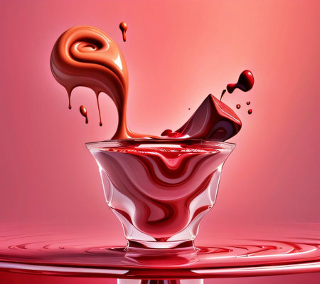 3D illustration of a drop of chocolate falling into a glass bowlの素材