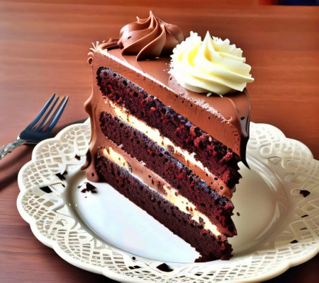 Chocolate cake with cream and buttercream on a white plate.の素材