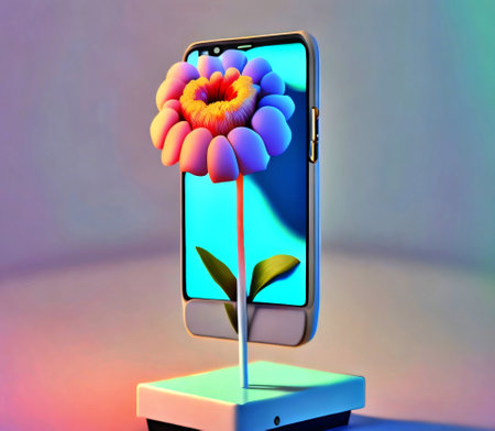 Smartphone with a flower on the screen. 3d illustration.の素材