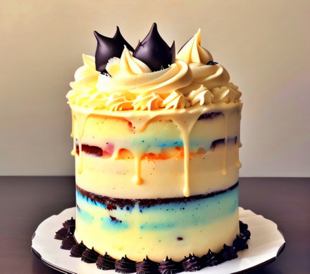 Birthday cake with white and blue frosting and black bats on topの素材
