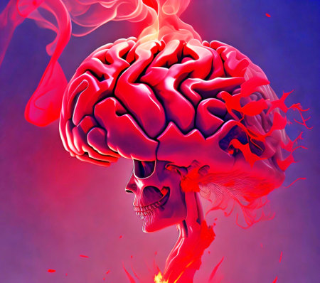 Human brain in red and blue smoke. 3D illustration. 3D rendering.の素材