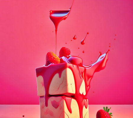Strawberry and chocolate cake on a pink background. 3d renderingの素材