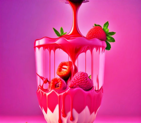 Fruit dessert in a glass vase on a pink background.の素材