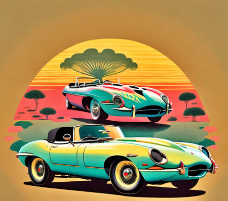 Retro car on the background of the setting sun. Vector illustrationの素材