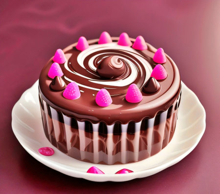 Chocolate cupcake with pink sprinkles on a white plate.の素材