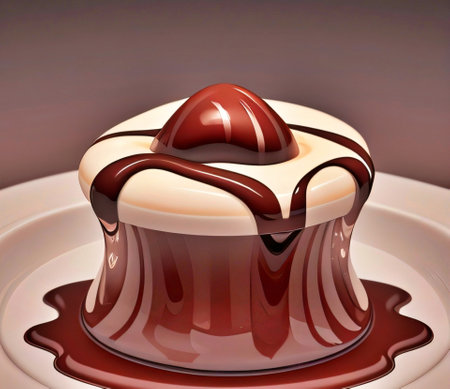 Chocolate pudding with chocolate on a white plate. 3d renderingの素材